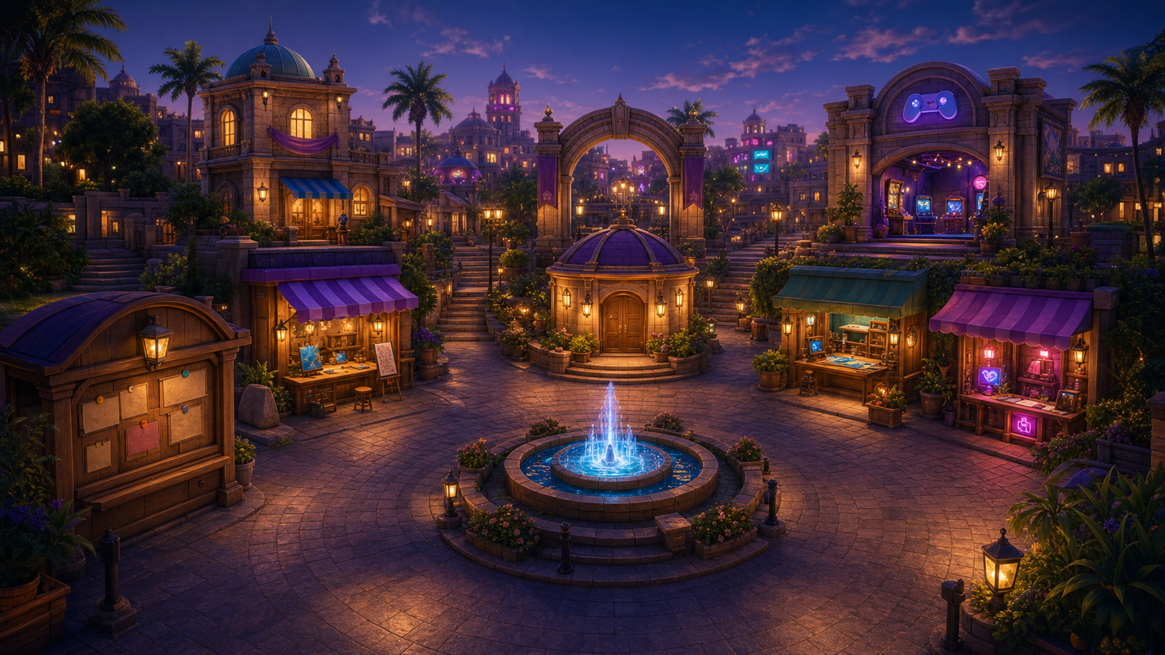 A warm digital marketplace square with creative workshops, a request board, a games arena and a central fountain