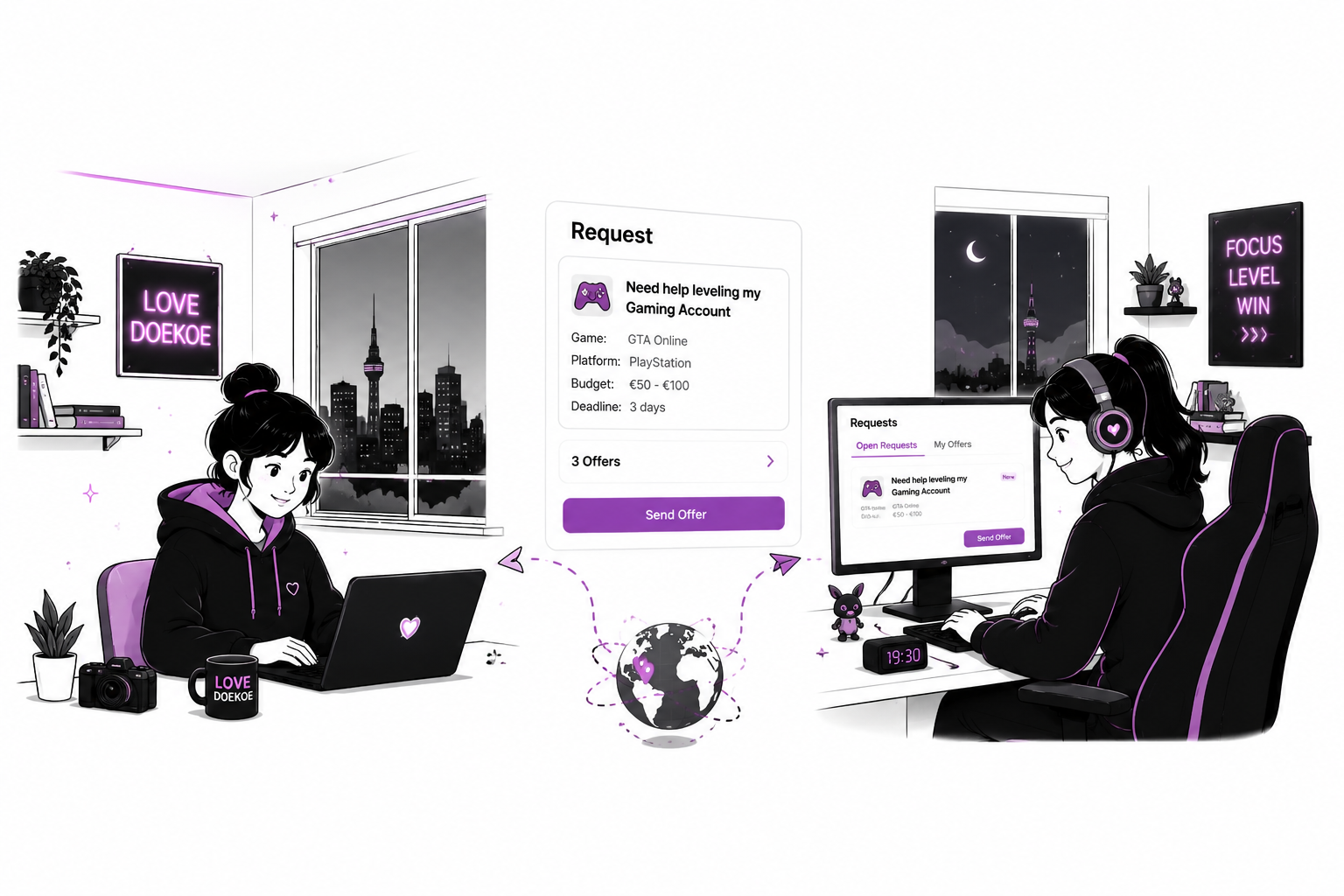 LoveDOEKOE request marketplace illustration